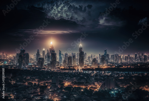 Bangkok's cityscape at night in Thailand. Generative AI