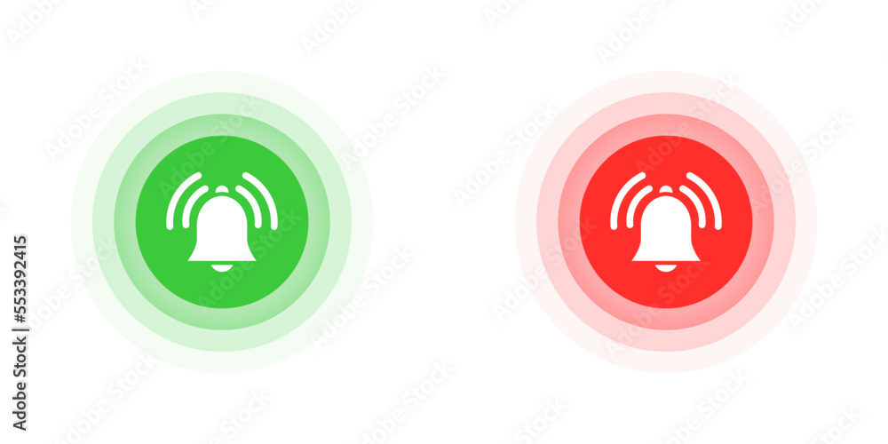Ringing bell icons in green and red circle shape. Flat vector illustration. Ringing bell icons in green and red circle shape. Flat vector illustration.