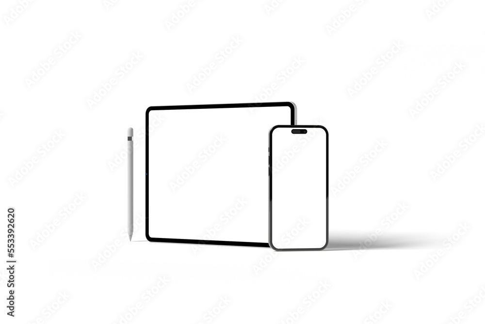 Realistic Tablet and Smartphone Mockup with White Wallpaper Screen Isolated on white Realistic Tablet and Smartphone Mockup with White Wallpaper Screen Isolated on white