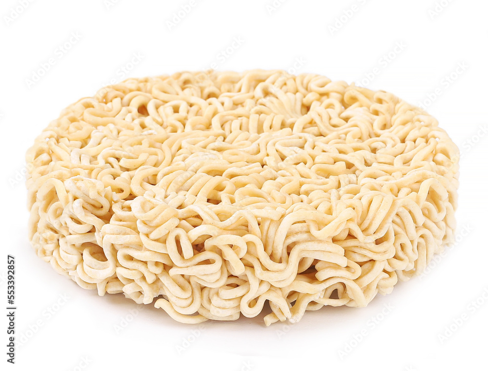 Raw instant noodles, white background, close-up Raw instant noodles, white background, close-up