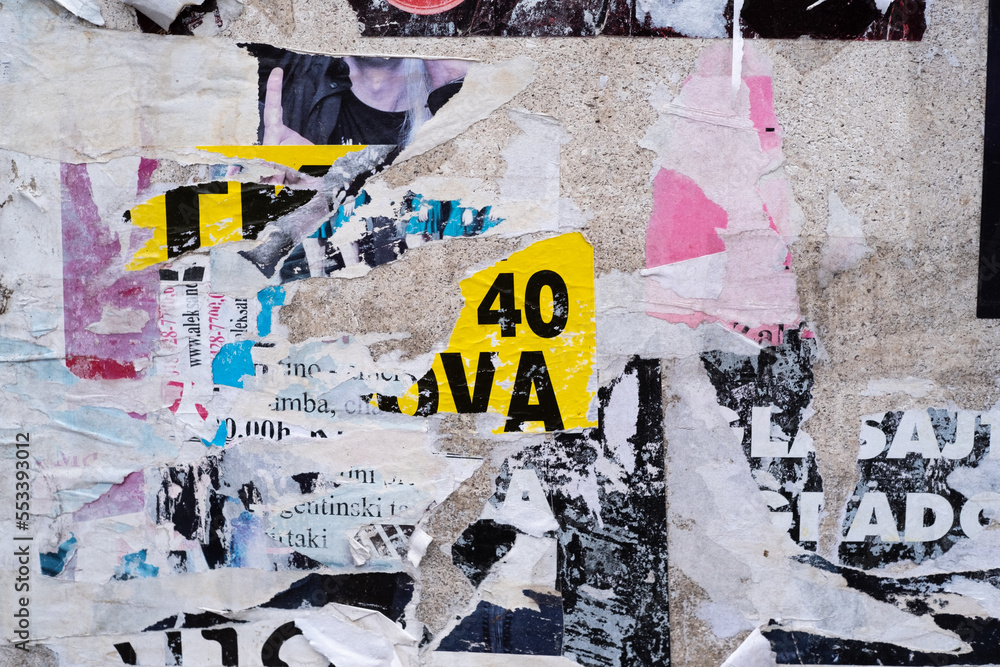 Fototapeta premium Old torn street poster background, abstract ripper paper collage