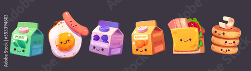 Kawaii food characters, cartoon breakfast meals. Cute apricot juice, mint milk pack, pancakes, fried eggs with sausage, sandwich isolated set. Funny adorable kids menu personages, Vector illustration