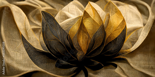 Abstract illustration made of textured fabric with elements of fantastic flowers. Vintage background of beige, gold and black fabric folds. For backgrounds, wallpapers, photo wallpapers, murals.