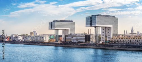 Tableau sur toile Wide panorama view of a Cologne cityscape skyline with Rhine river and modern re