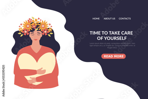 A young girl with flowers in her head. mental health. Harmony with yourself. Suitable for landing page, user interface, web, app introduction card, editorial, flyer and banner.