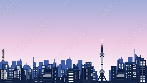Photography A Silhouette of city high rise buildings with evening sky and apartments around