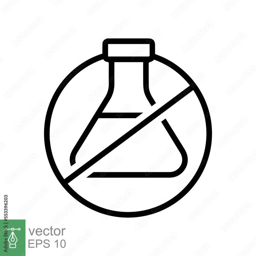 Chemical free icon. Simple outline style. Free preservative food ingredient, no additives, organic product concept. Triangle flask, erlenmeyer, forbidden sign. Vector illustration isolated. EPS 10. Chemical free icon. Simple outline style. Free preservative food ingredient, no additives, organic product concept. Triangle flask, erlenmeyer, forbidden sign. Vector illustration isolated. EPS 10.