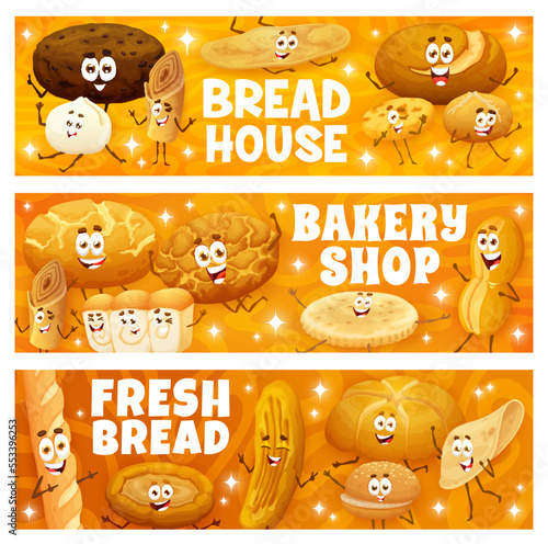 Bakery shop. Cartoon bakery, pastry and bread characters banners, horizontal vector background with barmbrack, mantou, injera, chapati bread and cunape bun, shokupan, tortilla flatbread cute personage