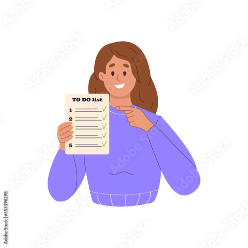 Smiling woman holding paper to do list with done check mark symbol. Happy girl pointing with finger on succesful finished checklist. Color flat vector illustration isolated on white background