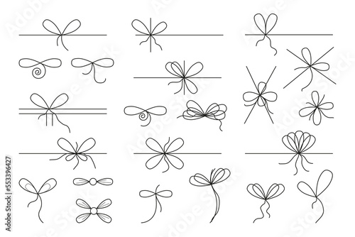 Hand drawn line ribbon bow set. Bows knots types for gift present packaging in sketch doodle style. Outline simple vector illustration isolated on white background