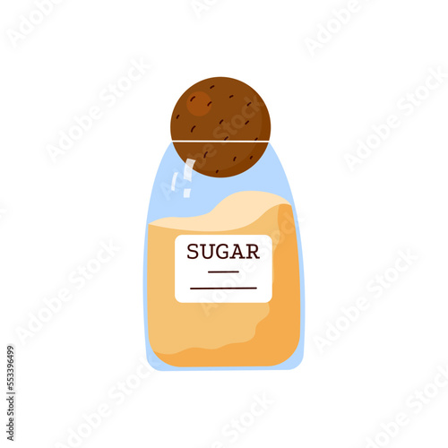 Glass sugar storage jar with cork lid. Clear granulated sugar container isolated on white background. Cartoon flat vector illustration
