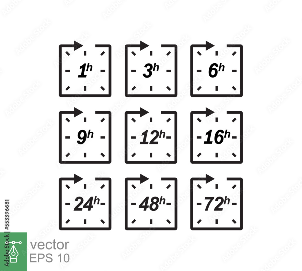 Hour icon set. Clock arrow 1, 3, 6, 9, 12, 16, 24, 48, 72 hours. Set of delivery service time symbol sign. Vector illustration isolated on white background. EPS 10. Hour icon set. Clock arrow 1, 3, 6, 9, 12, 16, 24, 48, 72 hours. Set of delivery service time symbol sign. Vector illustration isolated on white background. EPS 10.