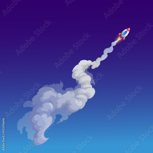 Cartoon space rocket and smoke trail. Vector starship launch or starting with clouds on dark night sky background. Concept of startup project boost, interstellar travel in Universe, way to success