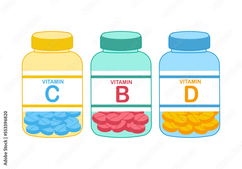 Vitamin tablets in medicine bottles in flat design on white background. Vitamin tablets in medicine bottles in flat design on white background.