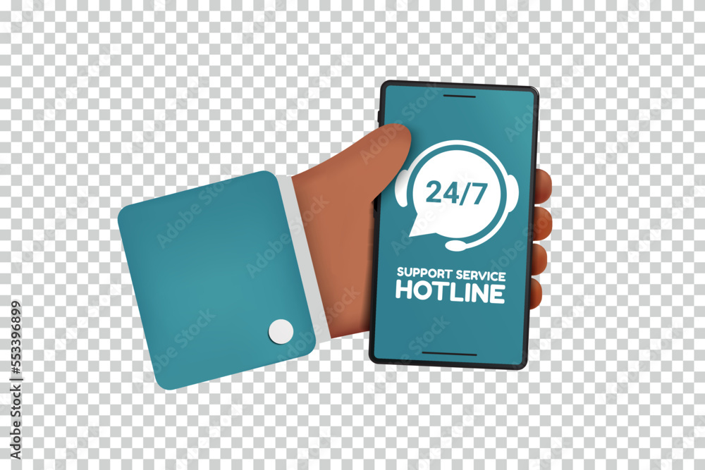 Hand Holding Phone Support Hotline - Vector Illustration Isolated On Transparent Background