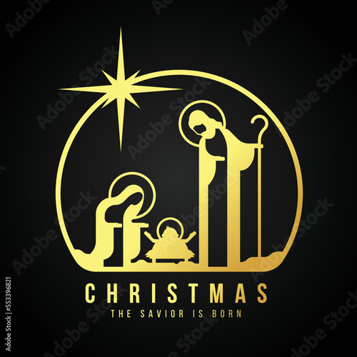 Merry Christmas the savior is born modern gold modern style The Nativity with mary and joseph in a manger with baby Jesus in circle on dark background vector illustration design