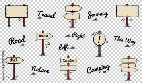 Wooden Signpost Icons Set - Different Simple Travel Doodle Vector Illustrations Isolated On Transparent Background