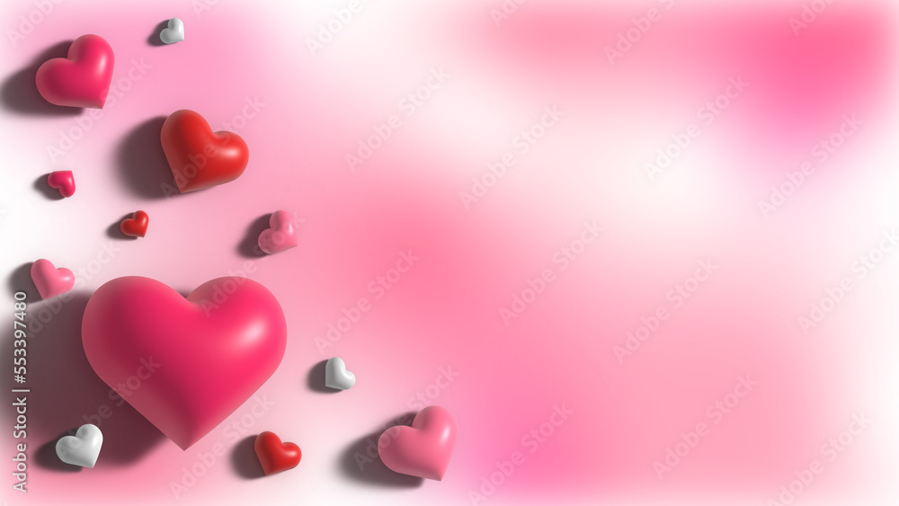 3d red and pink hearts on pink background. Heart icon, like and love 3d render illustration, Valentine's Day