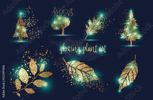Golden glowing plant composition on background. Big hand drawn colorful gold plant set - universally usable. Botanical, chic and trendy plants. Hand drawn lines, elegant leaves for your own design.