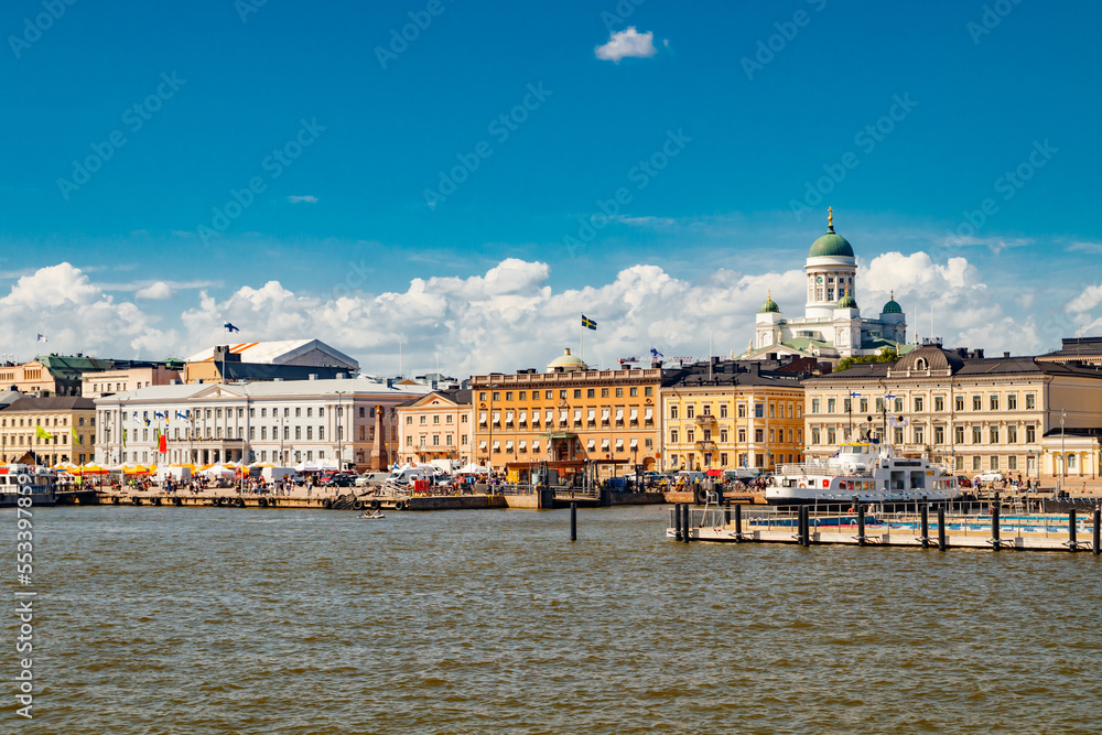 Helsinki, Finland, panorama of the Market Square Kauppatori in the port of Helsinki. View from sea. - obrazy, fototapety, plakaty 