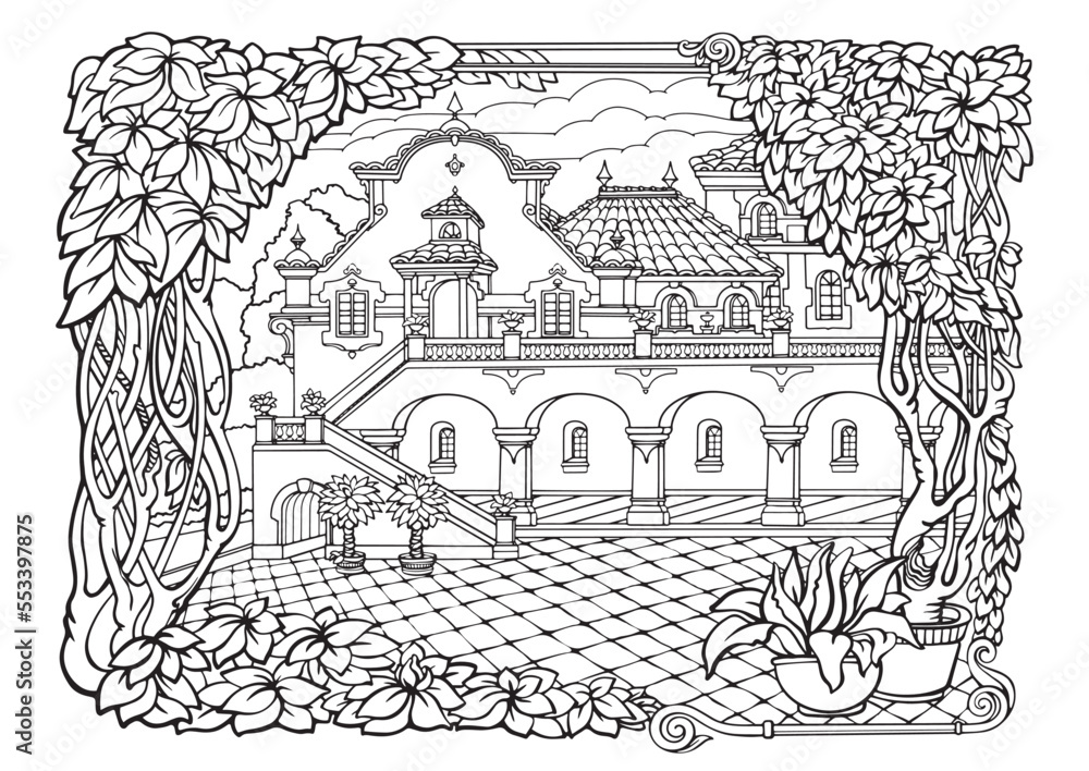 Romantic old town. Coloring Pages. Anti-stress colouring page. Vector.