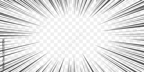Manga transparent background, explosion, action or motion effect, vector radial lines. Manga comic book background template for anime superhero action blast or power fight motion frame photo