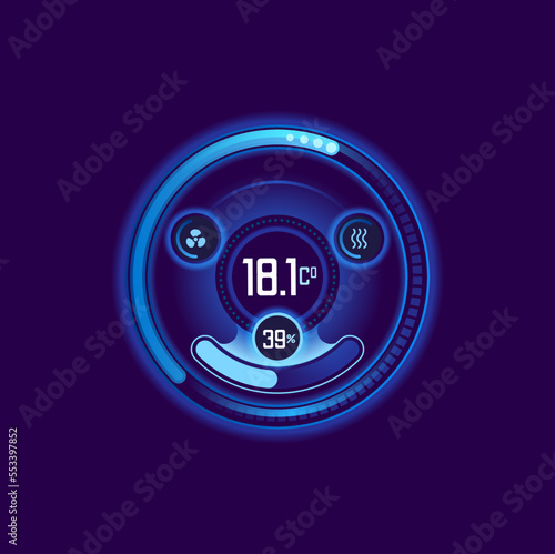 Home smart thermostat control dial. Temperature regulator, thermometer display, home climate control and conditioning equipment thermostat, humidity screen indicator or display vector interface bar