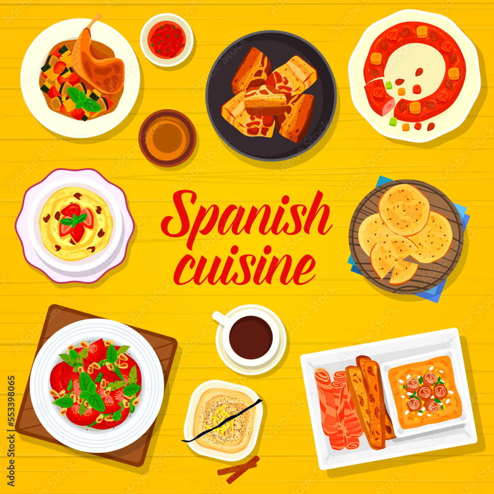 Spanish cuisine menu cover page template. Honey biscuits Tortas de Aceite, King cake and stew Pisto Manchego, dessert Frangollo and Natillas, tomato asparagus salad, soup Salmorejo and Chicharrones Spanish cuisine menu cover page template. Honey biscuits Tortas de Aceite, King cake and stew Pisto Manchego, dessert Frangollo and Natillas, tomato asparagus salad, soup Salmorejo and Chicharrones