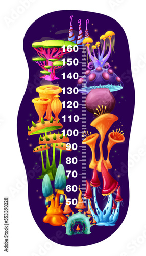 Kids height chart ruler fantasy fairy mushrooms growth meter ruler. Vector wall sticker for children height measurement with funny cartoon alien fungi plants and scale