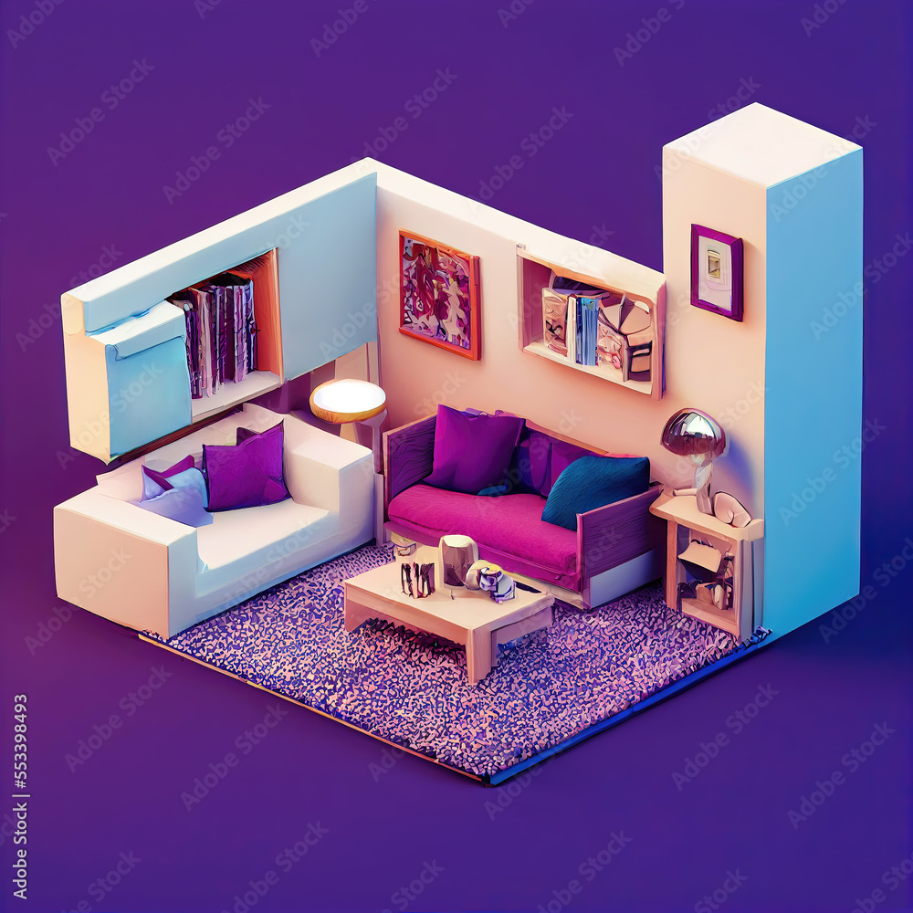 Modern living room with sofa as isometric interior design concept (Generative AI) Modern living room with sofa as isometric interior design concept (Generative AI)