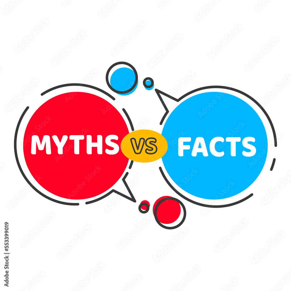Myths vs facts icon. Truth and false, true versus lie thin line speech bubbles. Vector badge of myth busting or fact checking, red and blue word balloons of true and false quiz, reality vs fiction - obrazy, fototapety, plakaty 
