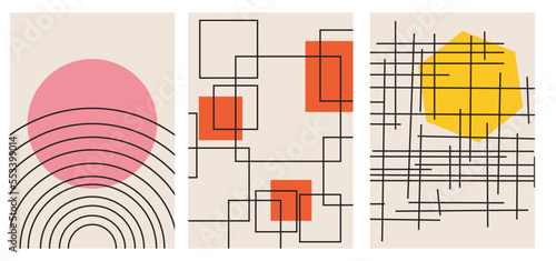 Collection of modern simple minimalist abstractions with colored geometric shapes (circle, squares and polygon) and smooth black lines in desaturated shades on the background