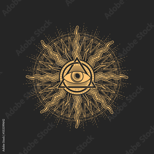 Sun and eye esoteric occult pentagram, magic tarot sign. Egyptian all-seeing eye in triangle and circle star with radiant rays. Vector spiritual magic emblem, isolated alchemy, wicca or pagan symbol