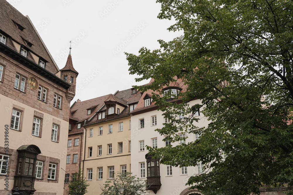Traditional European old town buildings. Old historic architecture in Nuremberg, Germany