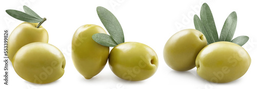 Collection of delicious green olives with leaves, isolated on white background