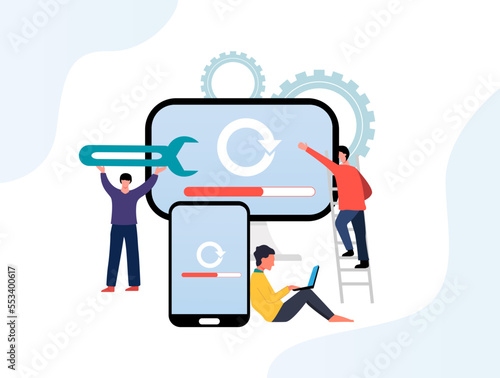 illustration of updating the system, updating the latest version of the system software, vector illustrations