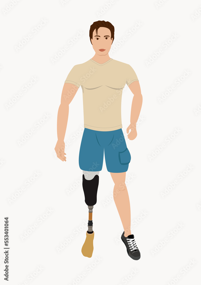 A young man with a prosthetic right leg. active life with prosthesis, athletic body. Vector illustration isolated on white background. A young man with a prosthetic right leg. active life with prosthesis, athletic body. Vector illustration isolated on white background.