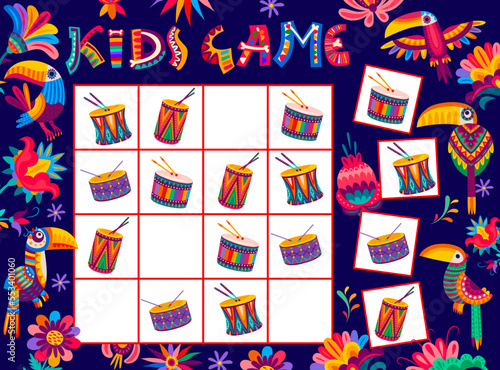Sudoku game worksheet brazilian drums, toucans and flowers. Kids vector riddle with cartoon elements in mexican alebrije style on square board. Children crossword teaser, leisure recreation, boardgame