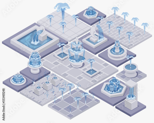 Isometric fountain set with outdoor park cascades isolated vector illustration EPS10. Vintage and modern architecture decor with splashing drops.