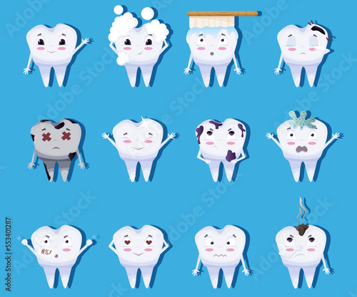 Cute tooth characters set in cartoon style. Teeth with different emotions set for label design. Vector illustration EPS10