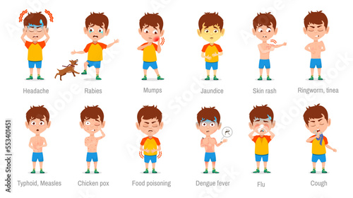 Child diseases, sick kid symptoms. Vector kid boy with headache, rabies, mumps and jaundice. Skin rash, ringworm tinea, typhoid measles, chicken pox, food poisoning, flu and cough illness types list