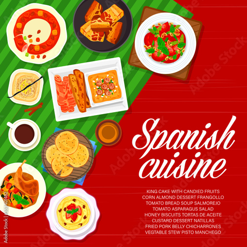 Spanish cuisine menu cover page design. Corn almond dessert Frangollo, stew Pisto Manchego and biscuit Tortas de Aceite, custard dessert Natillas, soup Salmorejo and pork belly Chicharrones, king cake