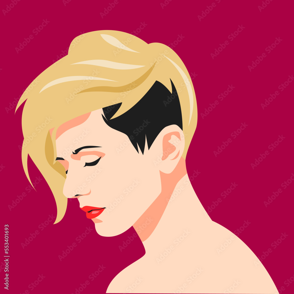 portrait of a beautiful woman's face side view. blonde short hair. avatar for social media. colored. for profile, template, print, sticker, poster, etc. flat vector illustration portrait of a beautiful woman's face side view. blonde short hair. avatar for social media. colored. for profile, template, print, sticker, poster, etc. flat vector illustration