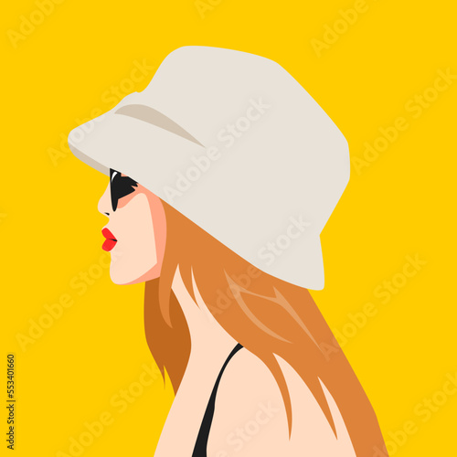 portrait of a beautiful girl face side view. wearing a bucket hat and glasses. avatar for social media. colored. for profile, template, print, sticker, poster, etc. vector illustration