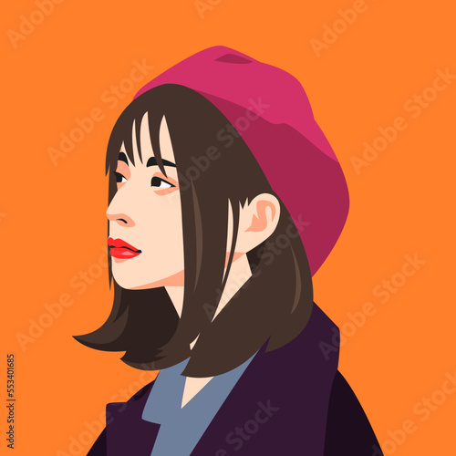 portrait of a beautiful girl face side view. wearing a flat cap. avatar for social media. colored. for profile, template, print, sticker, poster, etc. flat vector illustration