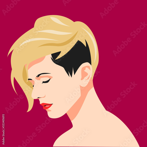 portrait of a beautiful woman's face side view. blonde short hair. avatar for social media. colored. for profile, template, print, sticker, poster, etc. flat vector illustration