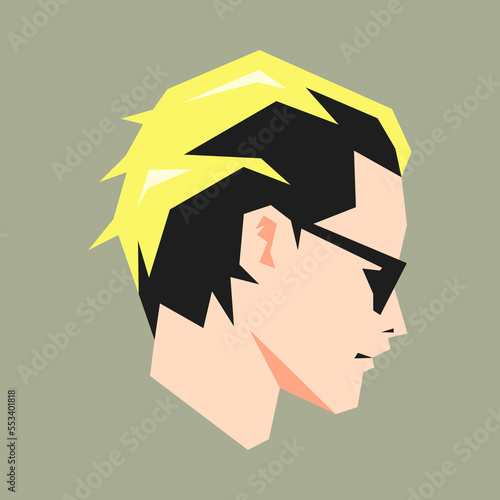 face portrait looking sideways. wear sunglasses. colored short hairstyles. avatar for social media. for profile, template, print, sticker, poster, etc. geometric vector illustration.