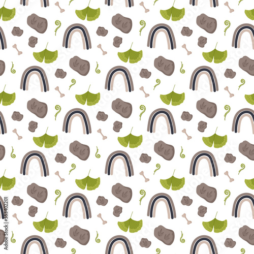 Dinosaur seamless pattern footprint tracks. Minimal color background with paw, stones, rainbow. Dinosaur footprint seamless pattern perfect for textile, wrap and wallpaper and design.