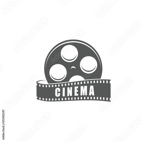 Cinema icon of camera film reel, movie or motion picture theater vector symbol. Cinematograph studio or TV video channel emblem with retro filmstrip, cinema production or cinematography academy sign