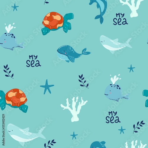 Fototapeta Naklejka Na Ścianę i Meble -  Vector hand-drawn colored childish seamless repeating simple flat pattern with whales in scandinavian style on a white background. Cute baby animals. Pattern for kids with whales. Sea. Ocean